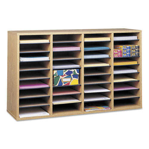 Image of Safco® Wood/Laminate Literature Sorter, 36 Compartments, 39.25 x 11.75 x 24, Medium Oak