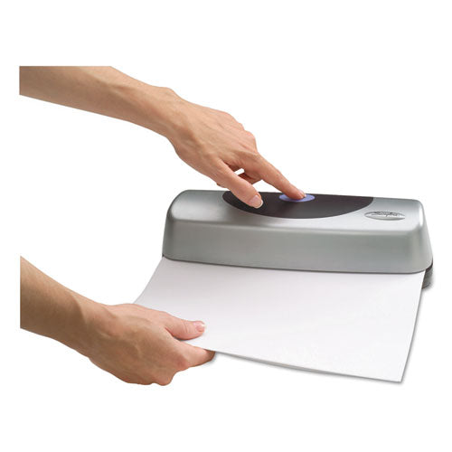 Image of Swingline® 15-Sheet Electric/battery Portable Desktop Punch, Three-Holes, 9/32" Holes, Silver/black