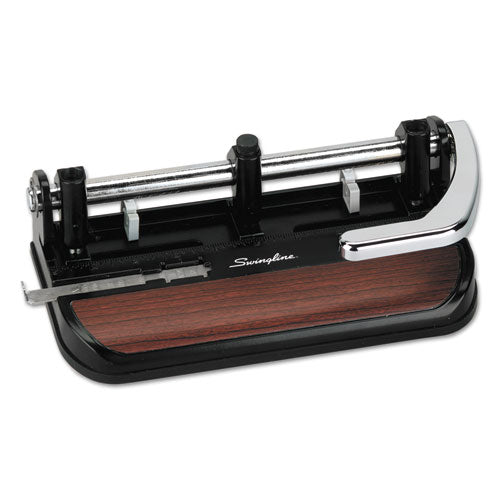 Image of Swingline® 40-Sheet Accented Heavy-Duty Lever Action Two- To Seven-Hole Punch, 11/32" Holes, Black/woodgrain