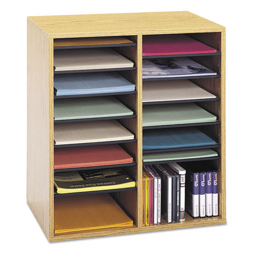 Image of Safco® Wood/Laminate Literature/CD Sorter, 16 Compartments, 19.5 x 11.75 x 21, Medium Oak