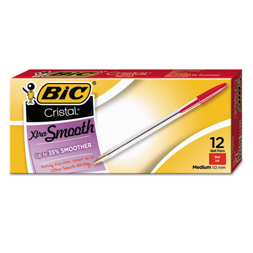 Image of BIC® Cristal Xtra Smooth Ballpoint Pen, Stick, Medium 1 Mm, Red Ink, Clear Barrel, Dozen