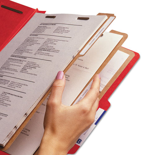 Image of Smead Eight-Section Pressboard Top Tab Classification Folders, 8 SafeSHIELD Fasteners, 3 Dividers, Legal Size, Bright Red, 10/Box