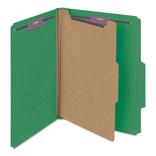 Image of Smead Four-Section Pressboard Top Tab Classification Folders, Four SafeSHIELD Fasteners, 1 Divider, Letter Size, Green, 10/Box