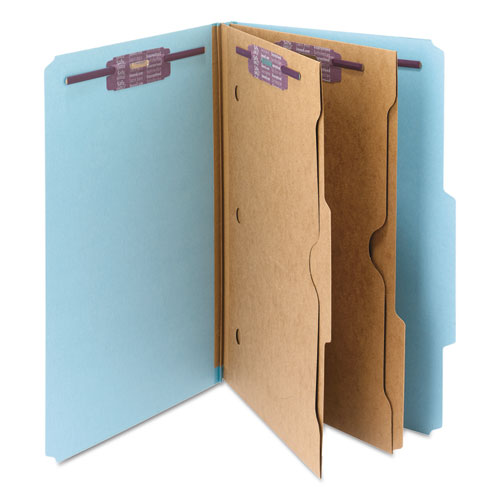 Image of Smead 6-Section Pressboard Top Tab Pocket Classification Folders, 6 SafeSHIELD Fasteners, 2 Dividers, Legal Size, Blue, 10/Box