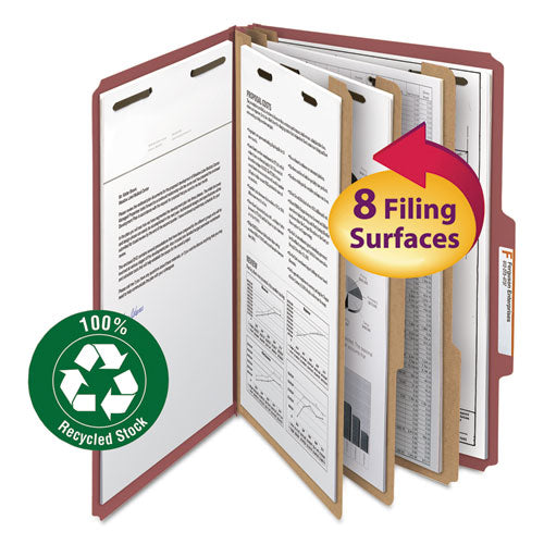 Image of Smead Recycled Pressboard Classification Folders, 3" Expansion, 3 Dividers, 8 Fasteners, Legal Size, Red Exterior, 10/Box