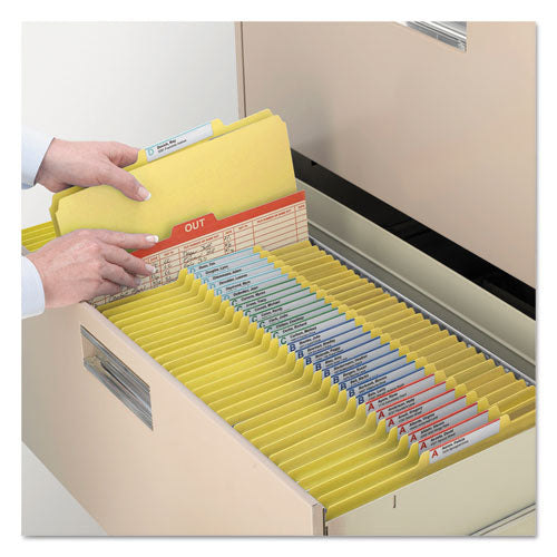 Image of Smead Four-Section Pressboard Top Tab Classification Folders, Four SafeSHIELD Fasteners, 1 Divider, Legal Size, Yellow, 10/Box