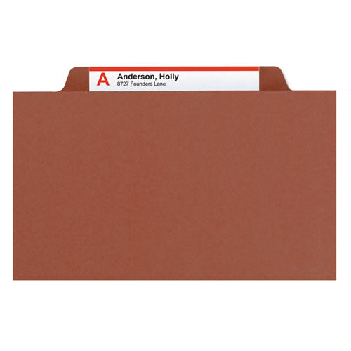 Image of Smead Recycled Pressboard Classification Folders, 2" Expansion, 2 Dividers, 6 Fasteners, Legal Size, Red Exterior, 10/Box