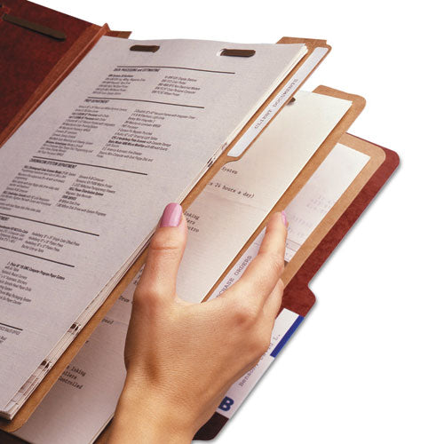 Image of Smead Recycled Pressboard Classification Folders, 3" Expansion, 3 Dividers, 8 Fasteners, Letter Size, Red Exterior, 10/Box