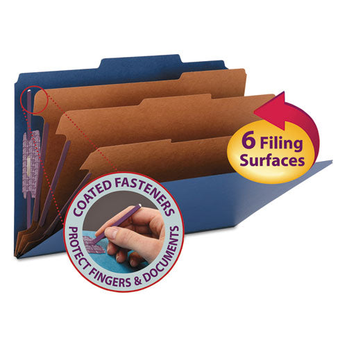 Image of Smead Eight-Section Pressboard Top Tab Classification Folders, 8 SafeSHIELD Fasteners, 3 Dividers, Legal Size, Dark Blue, 10/Box
