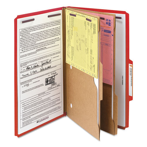 Image of Smead 6-Section Pressboard Top Tab Pocket Classification Folders, 6 SafeSHIELD Fasteners, 2 Dividers, Legal Size, Bright Red, 10/BX