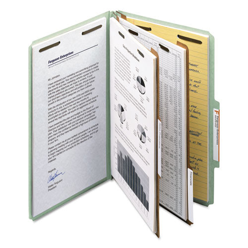 Image of Smead Recycled Pressboard Classification Folders, 2" Expansion, 2 Dividers, 6 Fasteners, Legal Size, Gray-Green, 10/Box