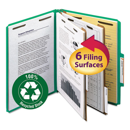Image of Smead Recycled Pressboard Classification Folders, 2" Expansion, 2 Dividers, 6 Fasteners, Letter Size, Green Exterior, 10/Box