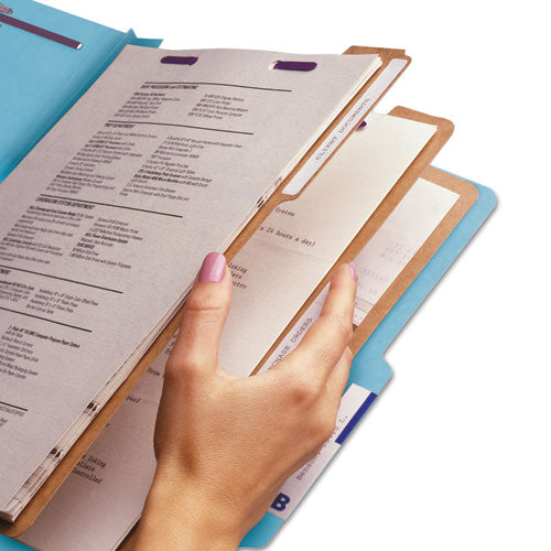 Image of Smead Eight-Section Pressboard Top Tab Classification Folders, Eight SafeSHIELD Fasteners, 3 Dividers, Legal Size, Blue, 10/Box