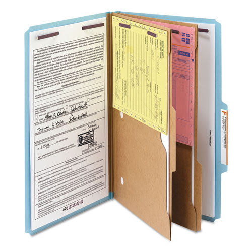 Image of Smead 6-Section Pressboard Top Tab Pocket Classification Folders, 6 SafeSHIELD Fasteners, 2 Dividers, Legal Size, Blue, 10/Box