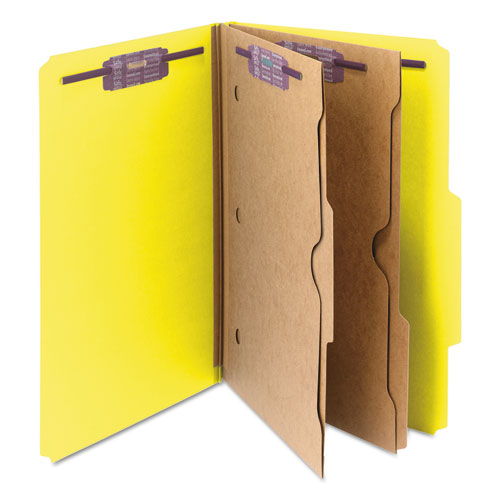 Image of Smead 6-Section Pressboard Top Tab Pocket Classification Folders, 6 SafeSHIELD Fasteners, 2 Dividers, Legal Size, Yellow, 10/Box