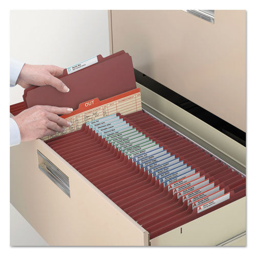 Image of Smead Pressboard Classification Folders, Four SafeSHIELD Fasteners, 2/5-Cut Tabs, 1 Divider, Legal Size, Red, 10/Box