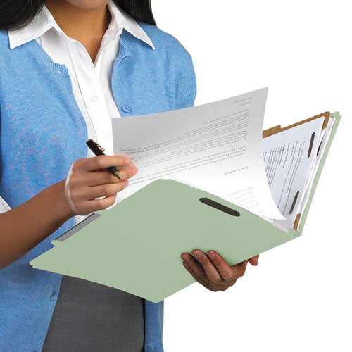Image of Smead Recycled Pressboard Classification Folders, 3" Expansion, 3 Dividers, 8 Fasteners, Legal Size, Gray-Green, 10/Box