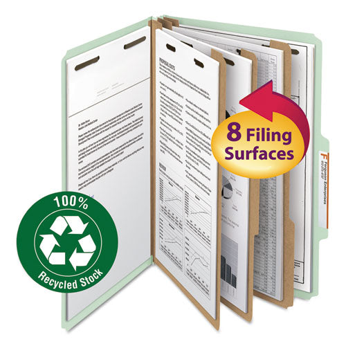 Image of Smead Recycled Pressboard Classification Folders, 3" Expansion, 3 Dividers, 8 Fasteners, Legal Size, Gray-Green, 10/Box