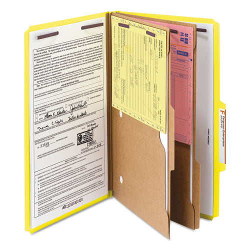 Image of Smead 6-Section Pressboard Top Tab Pocket Classification Folders, 6 SafeSHIELD Fasteners, 2 Dividers, Legal Size, Yellow, 10/Box