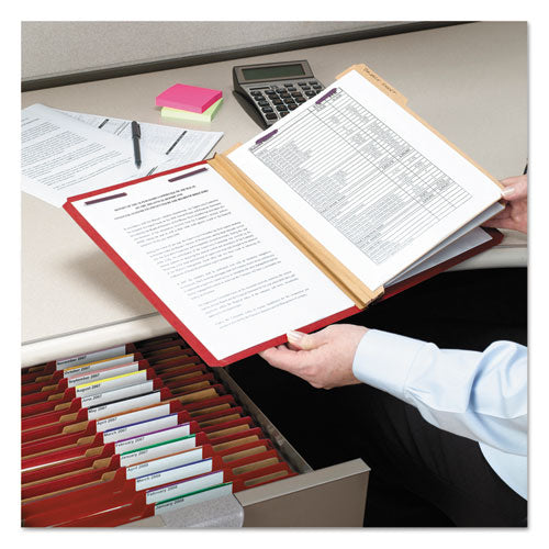 Image of Smead Eight-Section Pressboard Top Tab Classification Folders, 8 SafeSHIELD Fasteners, 3 Dividers, Letter Size, Bright Red, 10/Box