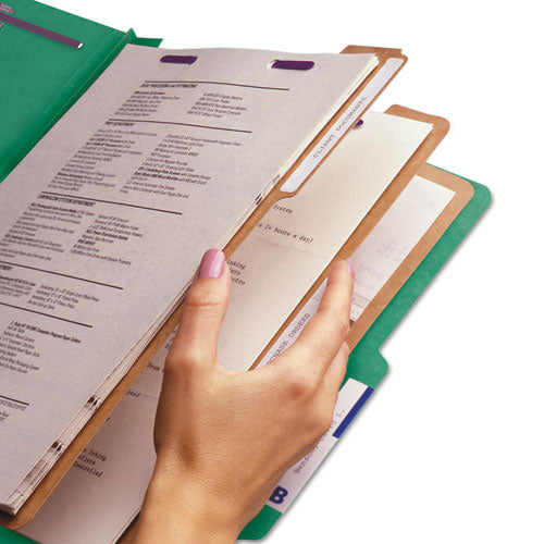 Image of Smead Eight-Section Pressboard Top Tab Classification Folders, Eight SafeSHIELD Fasteners, 3 Dividers, Legal Size, Green, 10/Box