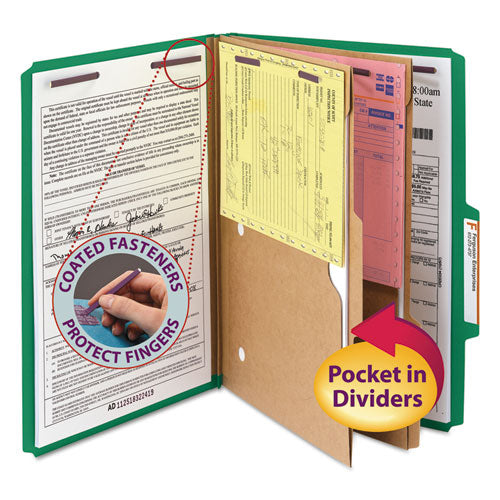 Image of Smead 6-Section Pressboard Top Tab Pocket Classification Folders, 6 SafeSHIELD Fasteners, 2 Dividers, Legal Size, Green, 10/Box