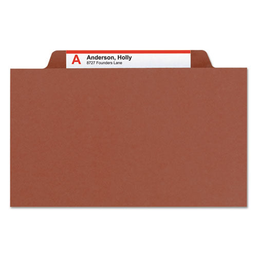 Image of Smead Pressboard Classification Folders, Four SafeSHIELD Fasteners, 2/5-Cut Tabs, 1 Divider, Legal Size, Red, 10/Box
