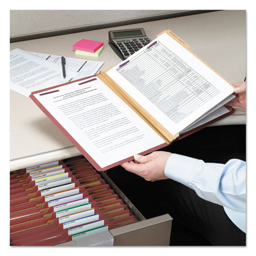Image of Smead Pressboard Classification Folders, Eight SafeSHIELD Fasteners, 2/5-Cut Tabs, 3 Dividers, Legal Size, Red, 10/Box