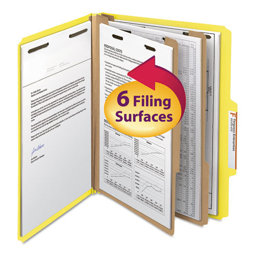 Image of Smead Top Tab Classification Folders, Six SafeSHIELD Fasteners, 2" Expansion, 2 Dividers, Letter Size, Yellow Exterior, 10/Box