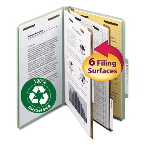 Image of Smead Recycled Pressboard Classification Folders, 2" Expansion, 2 Dividers, 6 Fasteners, Legal Size, Gray-Green, 10/Box