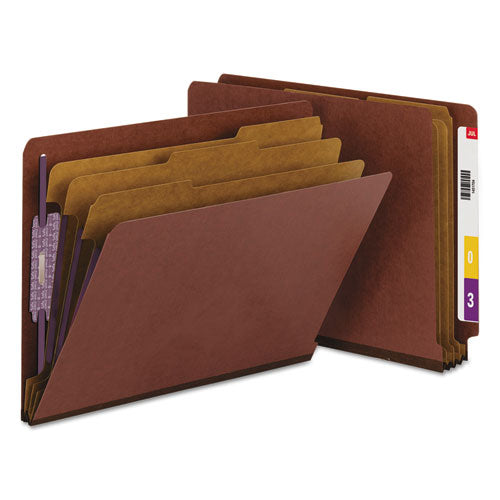 Image of Smead End Tab Pressboard Classification Folders, Eight SafeSHIELD Fasteners, 3" Expansion, 3 Dividers, Letter Size, Red, 10/Box