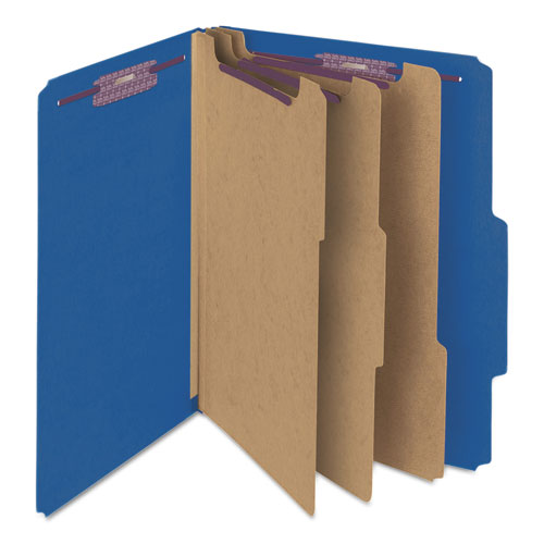 Image of Smead Eight-Section Pressboard Top Tab Classification Folders, 8 SafeSHIELD Fasteners, 3 Dividers, Legal Size, Dark Blue, 10/Box