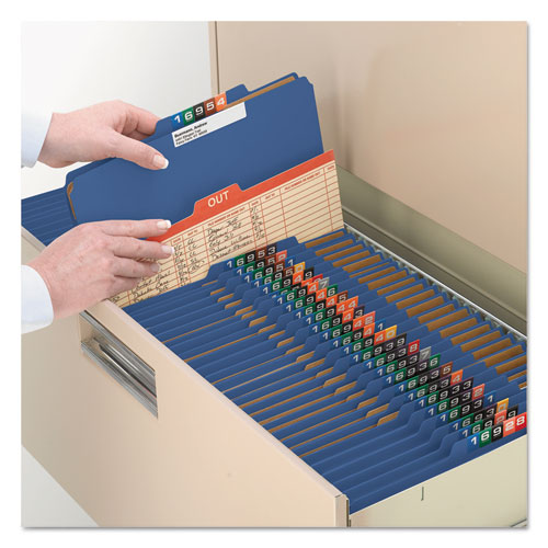 Image of Smead Eight-Section Pressboard Top Tab Classification Folders, 8 SafeSHIELD Fasteners, 3 Dividers, Legal Size, Dark Blue, 10/Box