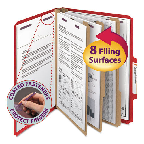 Image of Smead Eight-Section Pressboard Top Tab Classification Folders, 8 SafeSHIELD Fasteners, 3 Dividers, Letter Size, Bright Red, 10/Box