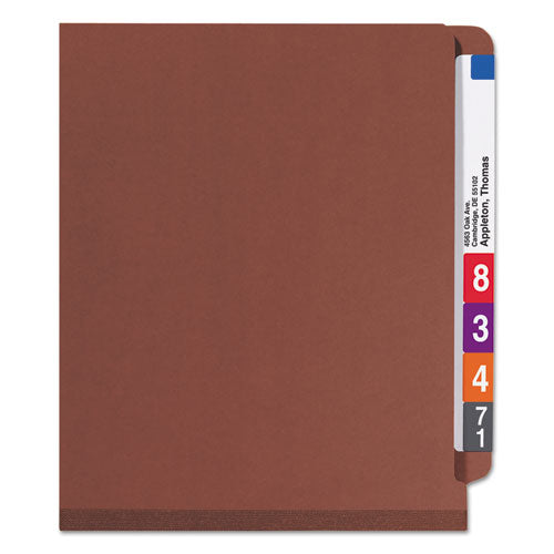 Image of Smead End Tab Pressboard Classification Folders, Eight SafeSHIELD Fasteners, 3" Expansion, 3 Dividers, Letter Size, Red, 10/Box