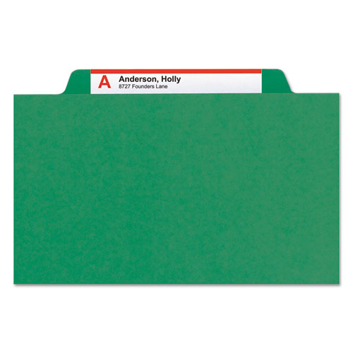Image of Smead Eight-Section Pressboard Top Tab Classification Folders, Eight SafeSHIELD Fasteners, 3 Dividers, Legal Size, Green, 10/Box