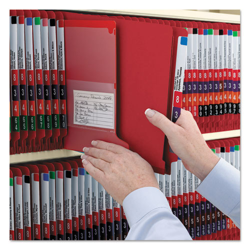Image of Smead End Tab Pressboard Classification Folders, Six SafeSHIELD Fasteners, 2" Expansion, 2 Dividers, Letter Size, Bright Red, 10/BX