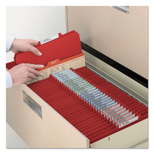 Image of Smead Four-Section Pressboard Top Tab Classification Folders, Four SafeSHIELD Fasteners, 1 Divider, Legal Size, Bright Red, 10/Box