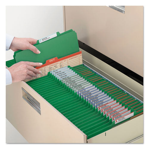 Image of Smead 6-Section Pressboard Top Tab Pocket Classification Folders, 6 SafeSHIELD Fasteners, 2 Dividers, Legal Size, Green, 10/Box