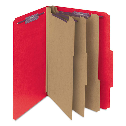 Image of Smead Eight-Section Pressboard Top Tab Classification Folders, 8 SafeSHIELD Fasteners, 3 Dividers, Letter Size, Bright Red, 10/Box