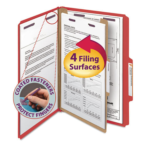 Image of Smead Four-Section Pressboard Top Tab Classification Folders, Four SafeSHIELD Fasteners, 1 Divider, Legal Size, Bright Red, 10/Box