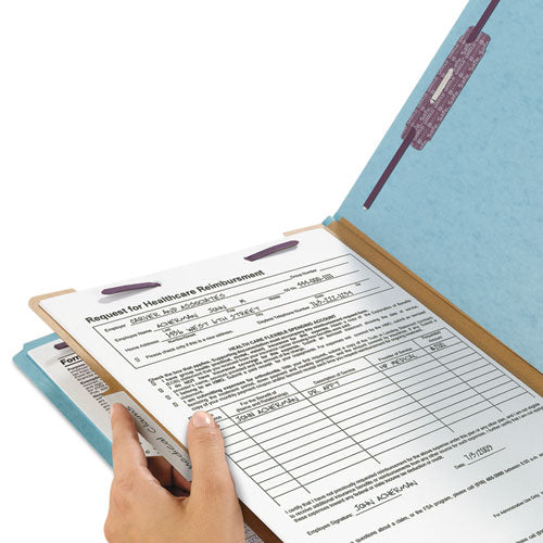 Image of Smead Four-Section Pressboard Top Tab Classification Folders, Four SafeSHIELD Fasteners, 1 Divider, Legal Size, Blue, 10/Box