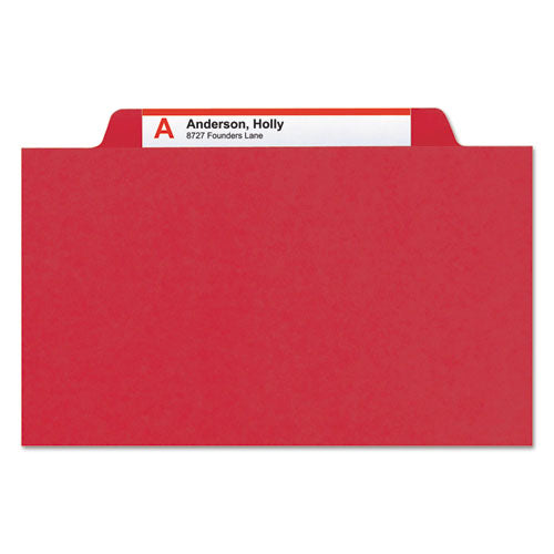 Image of Smead Eight-Section Pressboard Top Tab Classification Folders, 8 SafeSHIELD Fasteners, 3 Dividers, Legal Size, Bright Red, 10/Box