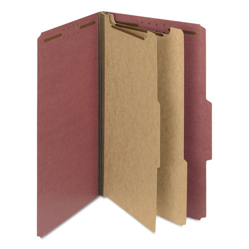 Image of Smead Recycled Pressboard Classification Folders, 2" Expansion, 2 Dividers, 6 Fasteners, Legal Size, Red Exterior, 10/Box