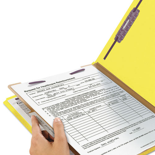 Image of Smead Four-Section Pressboard Top Tab Classification Folders, Four SafeSHIELD Fasteners, 1 Divider, Legal Size, Yellow, 10/Box