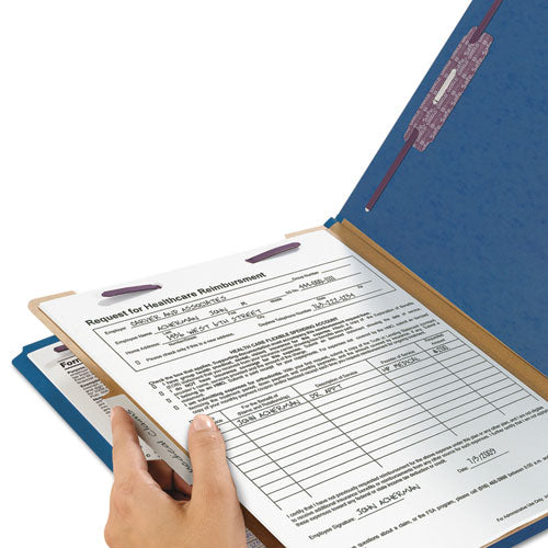 Image of Smead Four-Section Pressboard Top Tab Classification Folders, Four SafeSHIELD Fasteners, 1 Divider, Letter Size, Dark Blue, 10/Box