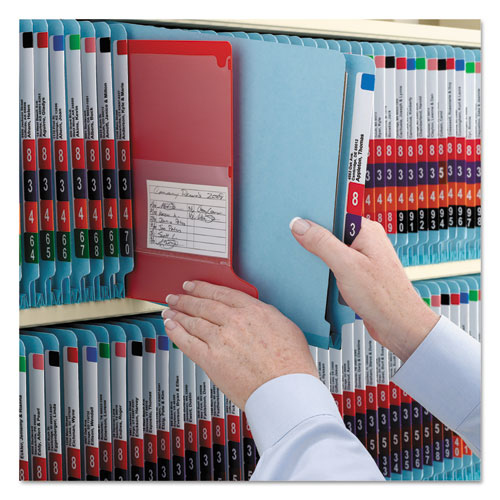 Image of Smead End Tab Pressboard Classification Folders, Six SafeSHIELD Fasteners, 2" Expansion, 2 Dividers, Legal Size, Blue, 10/Box
