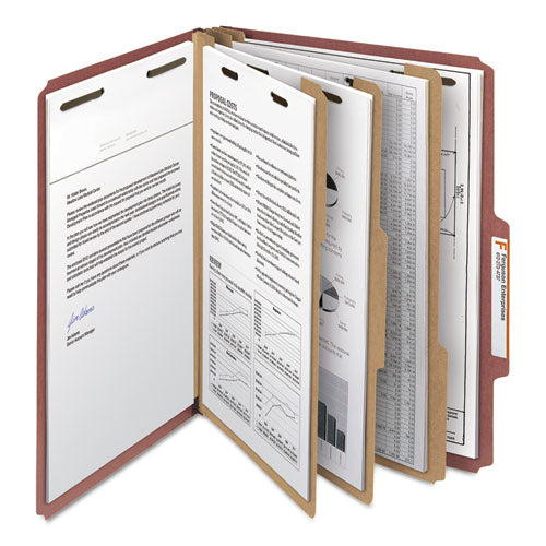 Image of Smead Recycled Pressboard Classification Folders, 3" Expansion, 3 Dividers, 8 Fasteners, Letter Size, Red Exterior, 10/Box