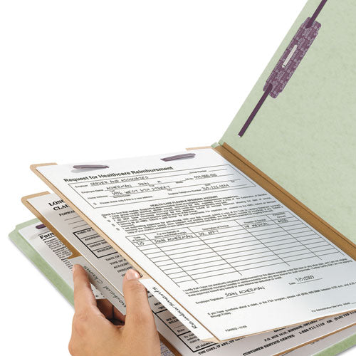 Image of Smead Pressboard Classification Folders, Six SafeSHIELD Fasteners, 2/5-Cut Tabs, 2 Dividers, Letter Size, Gray-Green, 10/Box
