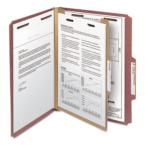 Image of Smead Recycled Pressboard Classification Folders, 2" Expansion, 1 Divider, 4 Fasteners, Letter Size, Red Exterior, 10/Box